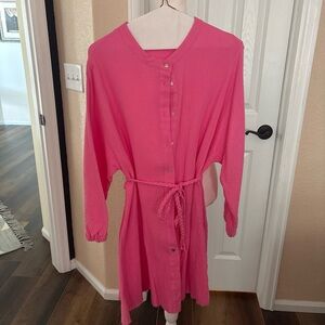 Lush Hot Pink Button-Front Long Sleeve Belted Dress